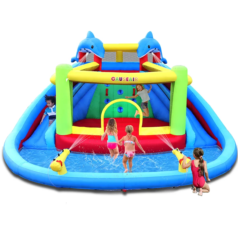 Inflatable Bounce House with Double Slide,Dolphin Styling,Splashing Pool,Double Water Cannon,Climbing Wall,Heavy Duty GFCI Blower,Inflatable Water Park Slide for Kids Backyard Summer