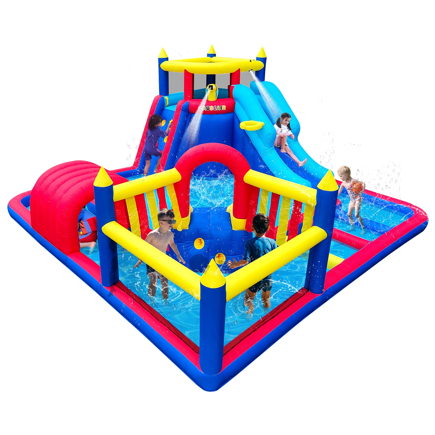 Inflatable Water Slide Park with Splash Pool Climb The Wall, Inflatable Sport Ball and Water Guns, Water Slide