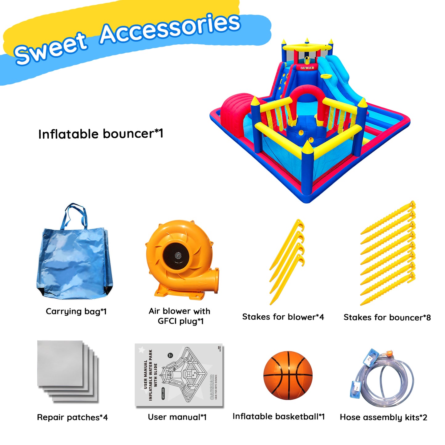 Inflatable Water Slide Park with Splash Pool Climb The Wall, Inflatable Sport Ball and Water Guns, Water Slide