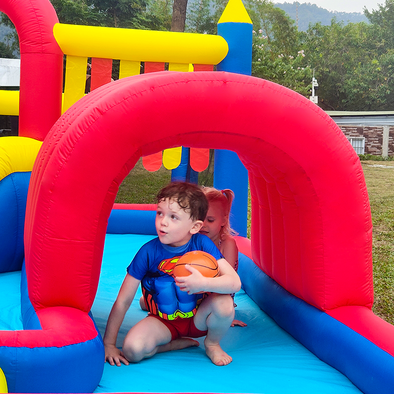 Inflatable Water Slide Park with Splash Pool Climb The Wall, Inflatable Sport Ball and Water Guns, Water Slide
