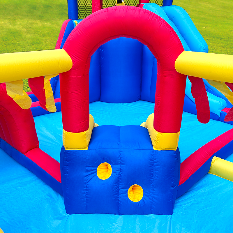 Inflatable Water Slide Park with Splash Pool Climb The Wall, Inflatable Sport Ball and  Water Guns, Water Slide