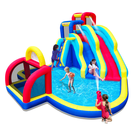 Inflatable Water Park With 2 Water Slides,6 Velcro Balls, Basketball Hoop,Soccer Ball,Water Gun