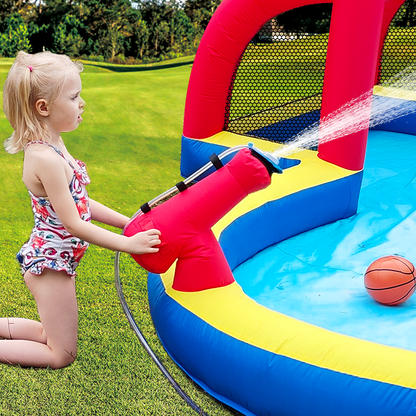 Inflatable Water Park With 2 Water Slides,6 Velcro Balls, Basketball Hoop,Soccer Ball,Water Gun