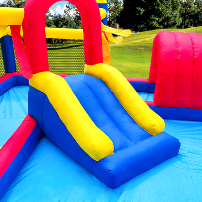 Inflatable Water Slide Park with Splash Pool Climb The Wall, Inflatable Sport Ball and  Water Guns, Water Slide