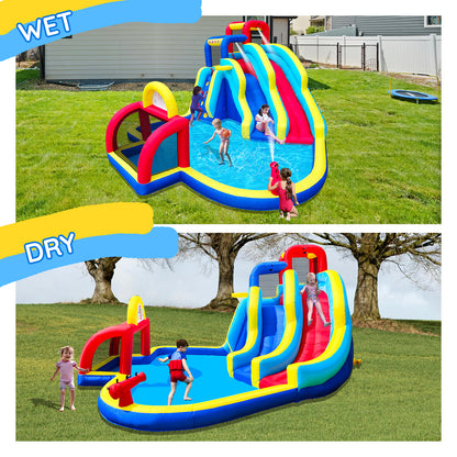 Inflatable Water Park With 2 Water Slides,6 Velcro Balls, Basketball Hoop,Soccer Ball,Water Gun