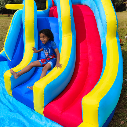 Inflatable Water Park With 2 Water Slides,6 Velcro Balls, Basketball Hoop,Soccer Ball,Water Gun