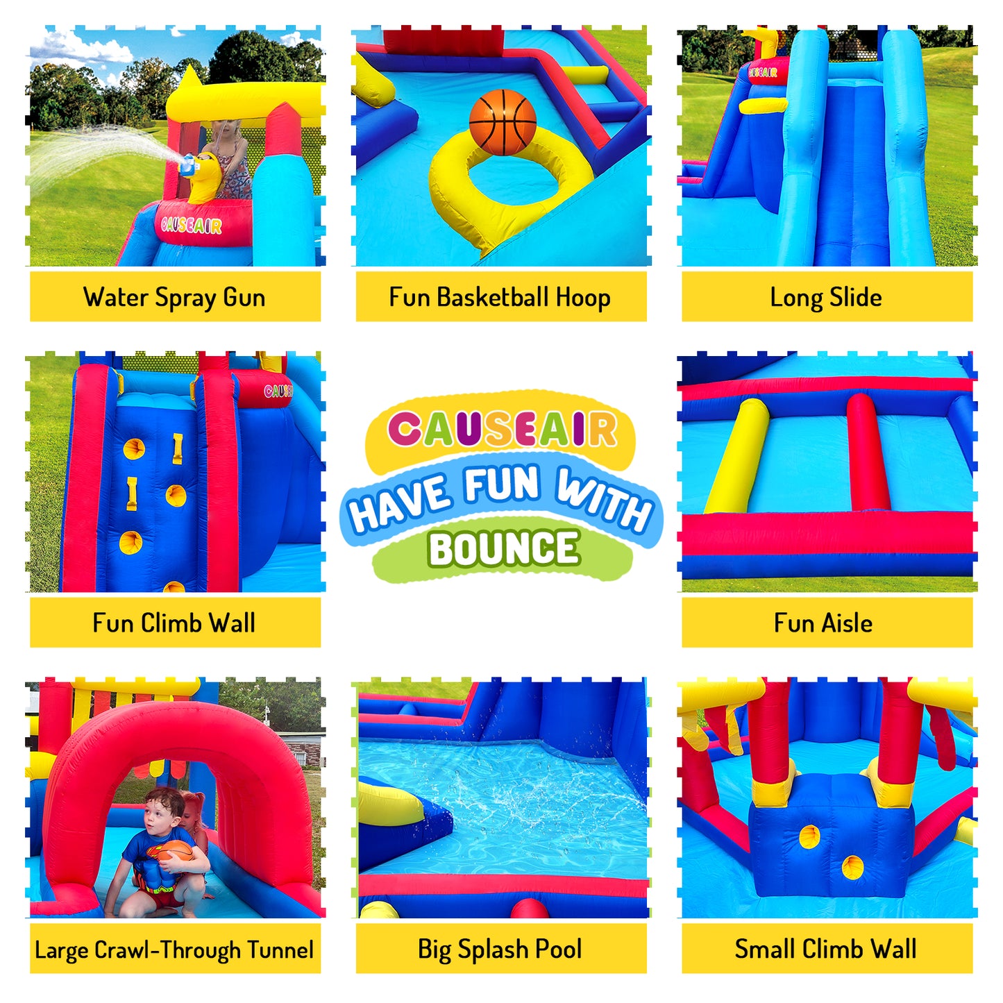 Inflatable Water Slide Park with Splash Pool Climb The Wall, Inflatable Sport Ball and  Water Guns, Water Slide