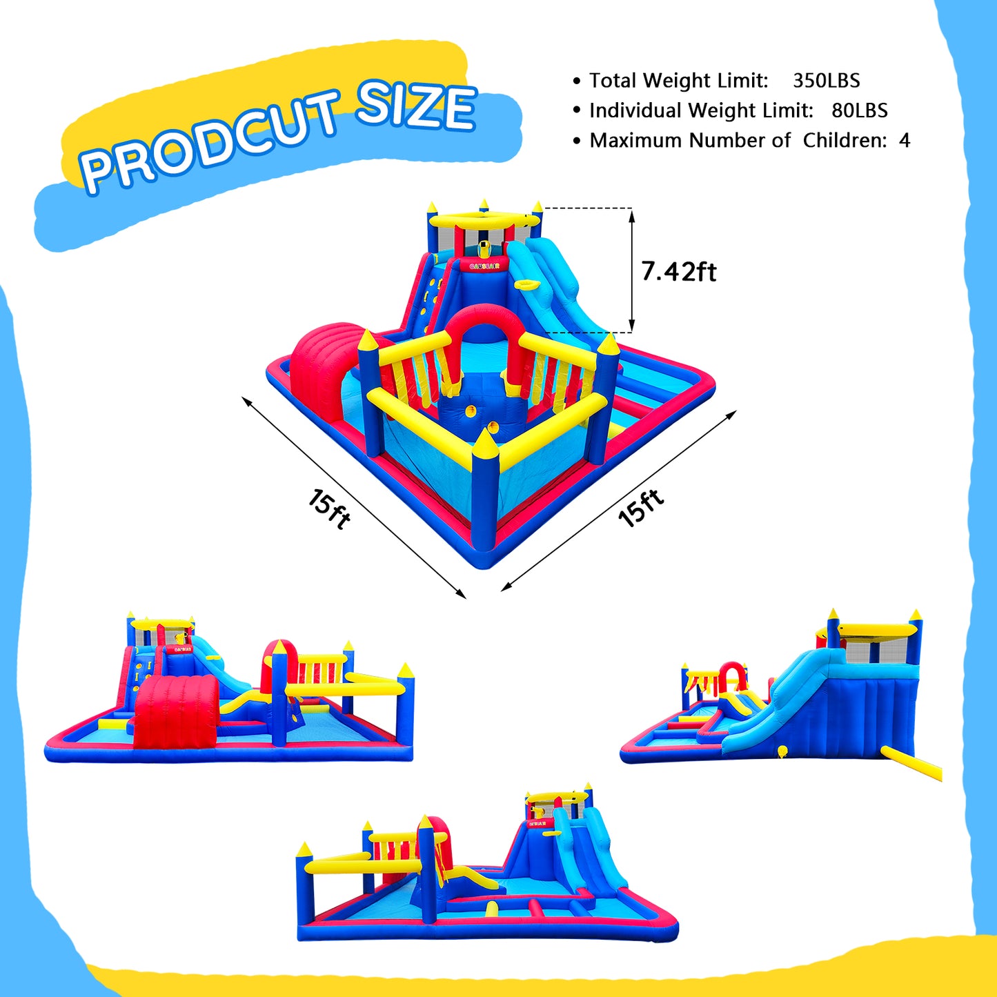 Inflatable Water Slide Park with Splash Pool Climb The Wall, Inflatable Sport Ball and  Water Guns, Water Slide