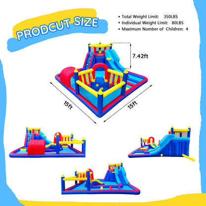 Inflatable Water Slide Park with Splash Pool Climb The Wall, Inflatable Sport Ball and  Water Guns, Water Slide