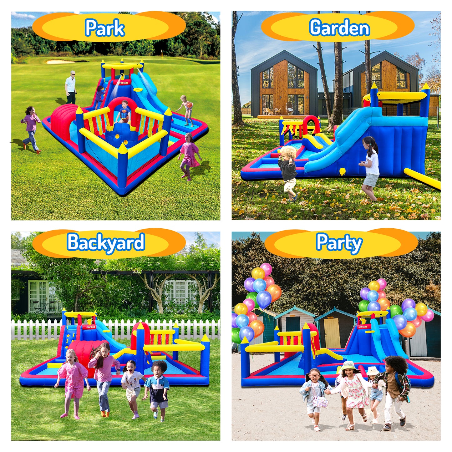 Inflatable Water Slide Park with Splash Pool Climb The Wall, Inflatable Sport Ball and  Water Guns, Water Slide