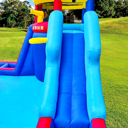 Inflatable Water Slide Park with Splash Pool Climb The Wall, Inflatable Sport Ball and  Water Guns, Water Slide