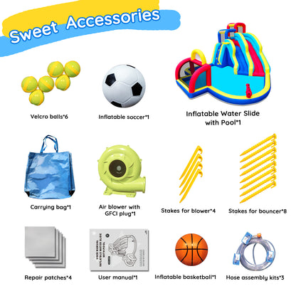 Inflatable Water Park With 2 Water Slides,6 Velcro Balls, Basketball Hoop,Soccer Ball,Water Gun