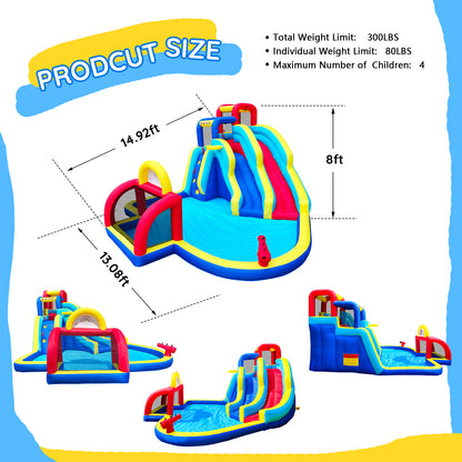 Inflatable Water Park With 2 Water Slides,6 Velcro Balls, Basketball Hoop,Soccer Ball,Water Gun