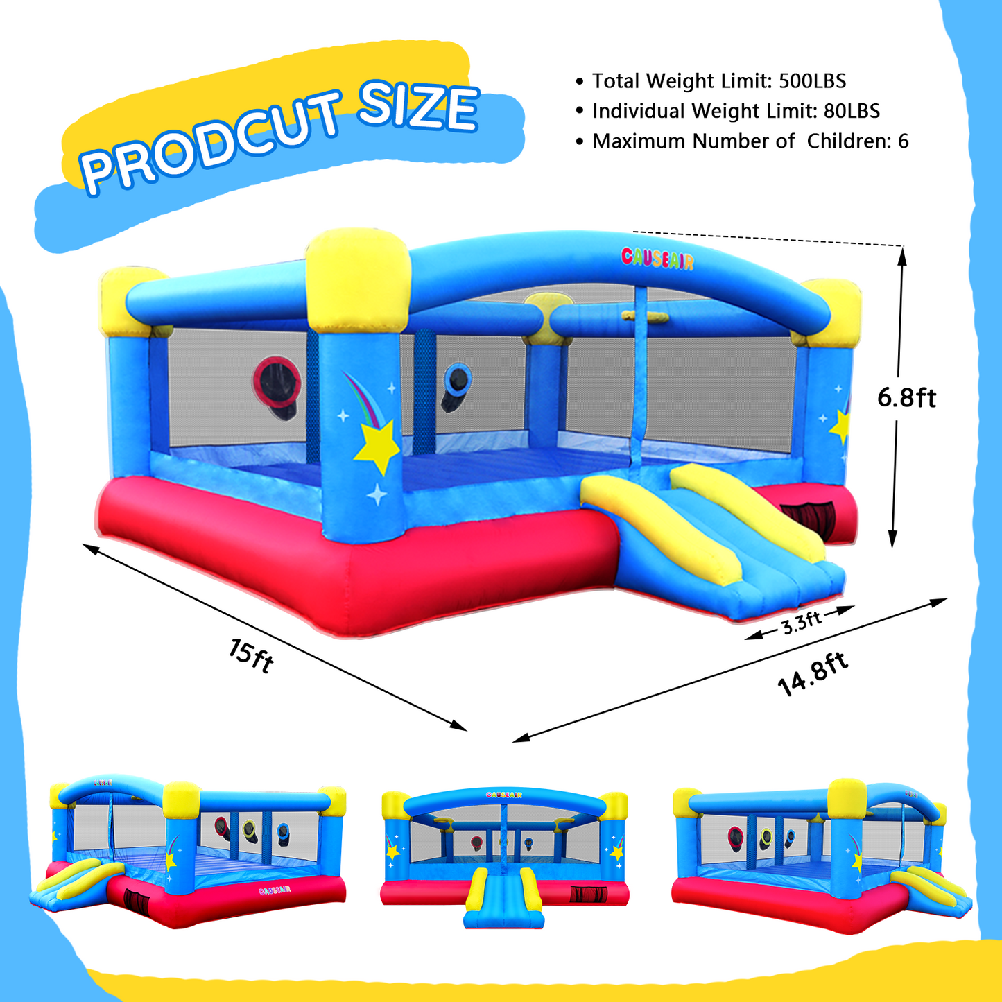 Big Inflatable Bounce House,Reinforced PVC Bounce Floor Holds 6 Kids