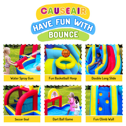 Inflatable Water Park With 2 Water Slides,6 Velcro Balls, Basketball Hoop,Soccer Ball,Water Gun